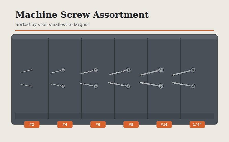 Assortment of machine screws in a fastener bin sorted by size